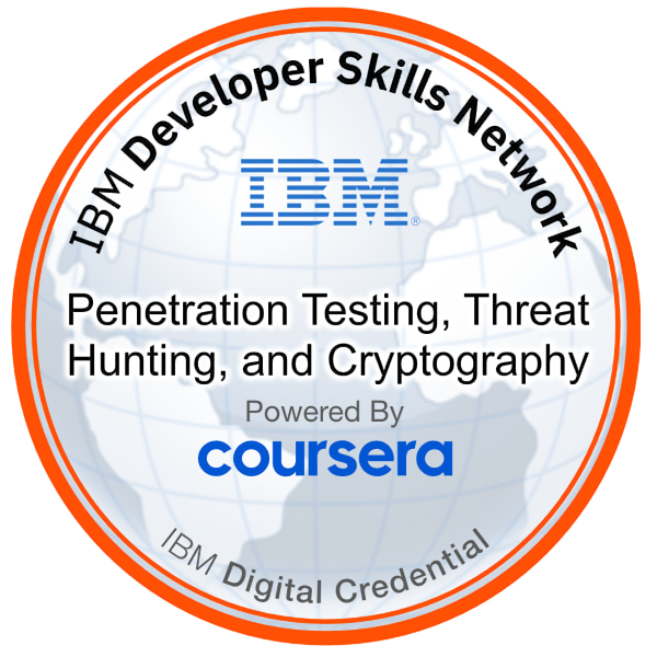 IBM Digital Credential – Penetration Testing, Threat Hunting, and Cryptography (Coursera) Badge