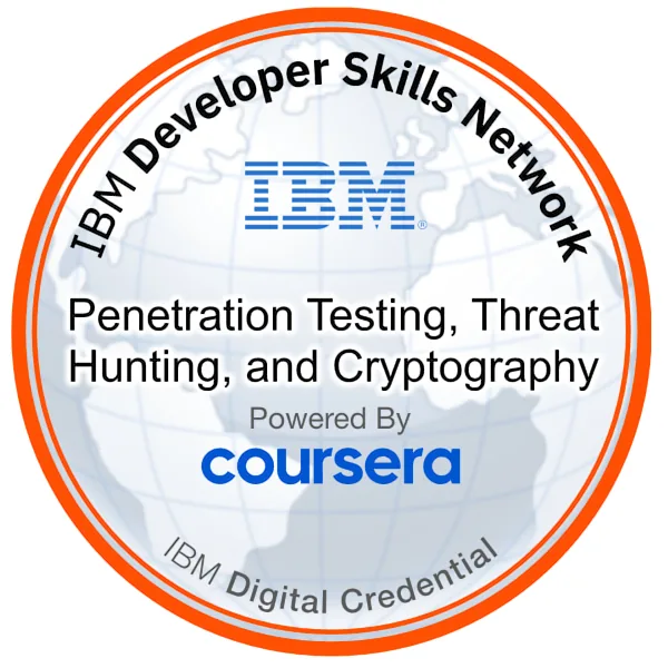 IBM Digital Credential – Penetration Testing, Threat Hunting, and Cryptography (Coursera) Badge